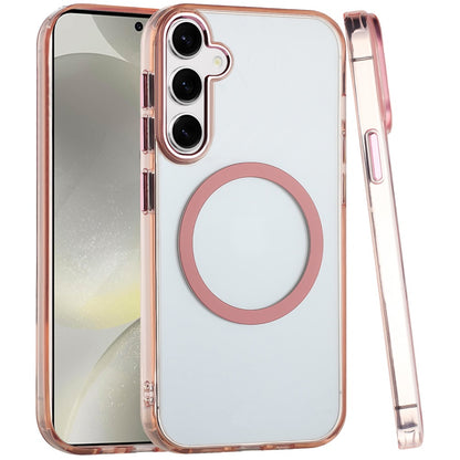 For Samsung Galaxy A57 Transparent Back Hybrid Case - Magnetic Circle, Color Frame, Metal Buttons, MagSafe Compatible Case Cover Rose Gold