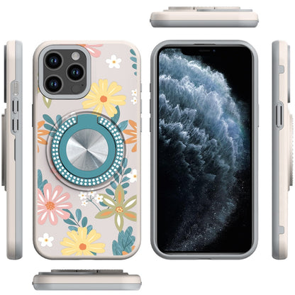 For Apple iPhone 11 Pro Max Pattern Design Hybrid with Invisible Ring Stand & Magnetic Back, Shockproof Protective Grip Case Cover Summer Blossom Flowers