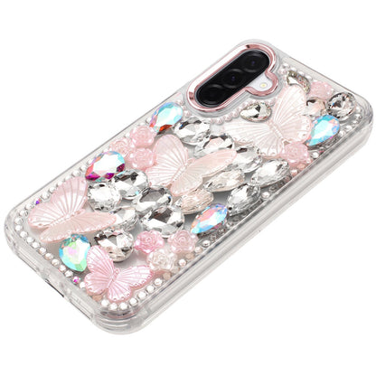 For Samsung Galaxy A37 3D Diamond Floral Butterfly Bling Stone Hybrid, Sparkly Rhinestone Gemstone Back Shockproof Case Cover