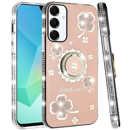 For Samsung Galaxy A16 5G Diamonds Bling All Around Edges Sparkly Glitter Hybrid with Ring Stand Holder Fashion Good Luck Case Cover