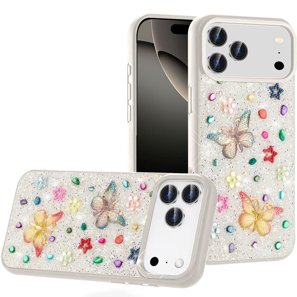 For Apple iPhone 17 Pro Max (6.9") Diamond Butterfly 3D Glitter Bling Design, Slim Hybrid Sparkle Protective Cover TPU for Women Girls Case Cover