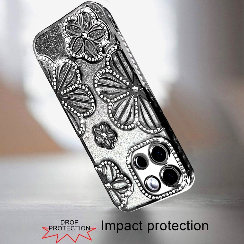 For Samsung Galaxy A26 Luxury Flower Design Sparkle Glitter Diamond Rhinestone Shimmer Bling Plating Thick TPU Hard PC Case Cover