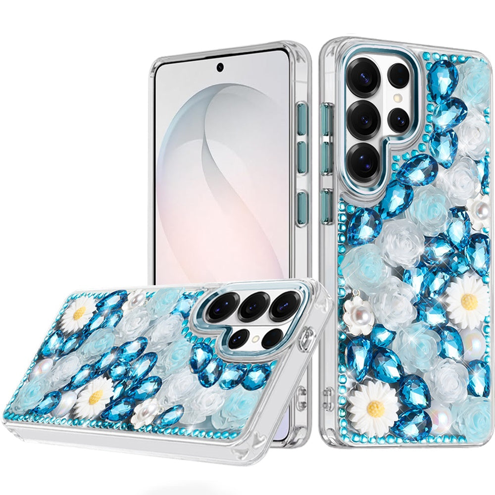 For Samsung Galaxy S26 Ultra Fashion Daisy Floral Series, Full 3D Bling Crystal Diamonds Sparkling Rhinestone Glitter Hybrid Design Case Cover