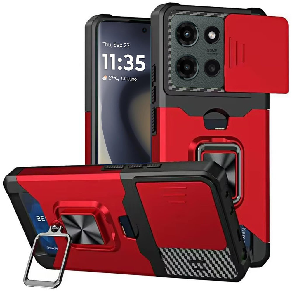 For Motorola Edge 2025 Wallet with Ring Stand & Slide Camera Cover Back Credit Card Slot Holder, Hard Shockproof Case Cover Red