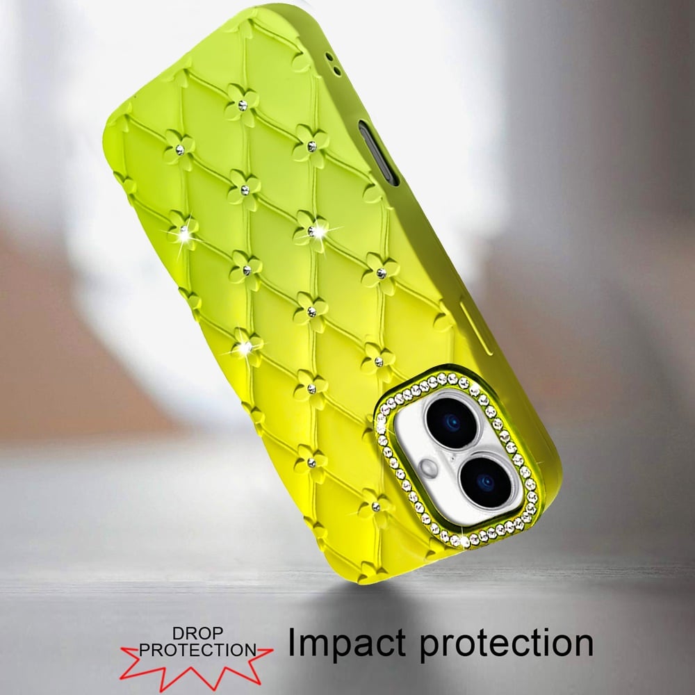 For iPhone 16 (6.1") Fashion Flower Design Sparkle Glitter Shimmer Rhinestone Bling Floral Accents, Leather Texture TPU Case Cover Yellow/Green