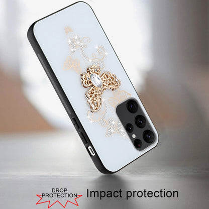 For Samsung Galaxy Z Flip 7 FE Diamonds 3D Butterfly Bling Sparkly Glitter Ornaments Engraving Hybrid Metal Fashion Case Cover White Garden Butterflies