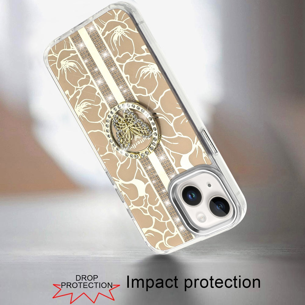 Phone Case for iPhone 15 (6.1") Floral Butterfly Ring Stand Glitter Shockproof Hybrid Luxury Metal Camera Protective Anti Slip Durable Grip Cover Gold