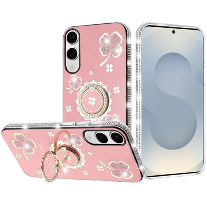 For Samsung Galaxy S25 EDGE Diamonds Bling All Around Edges Sparkly Glitter Hybrid with Ring Stand Holder Fashion Good Luck Case Cover