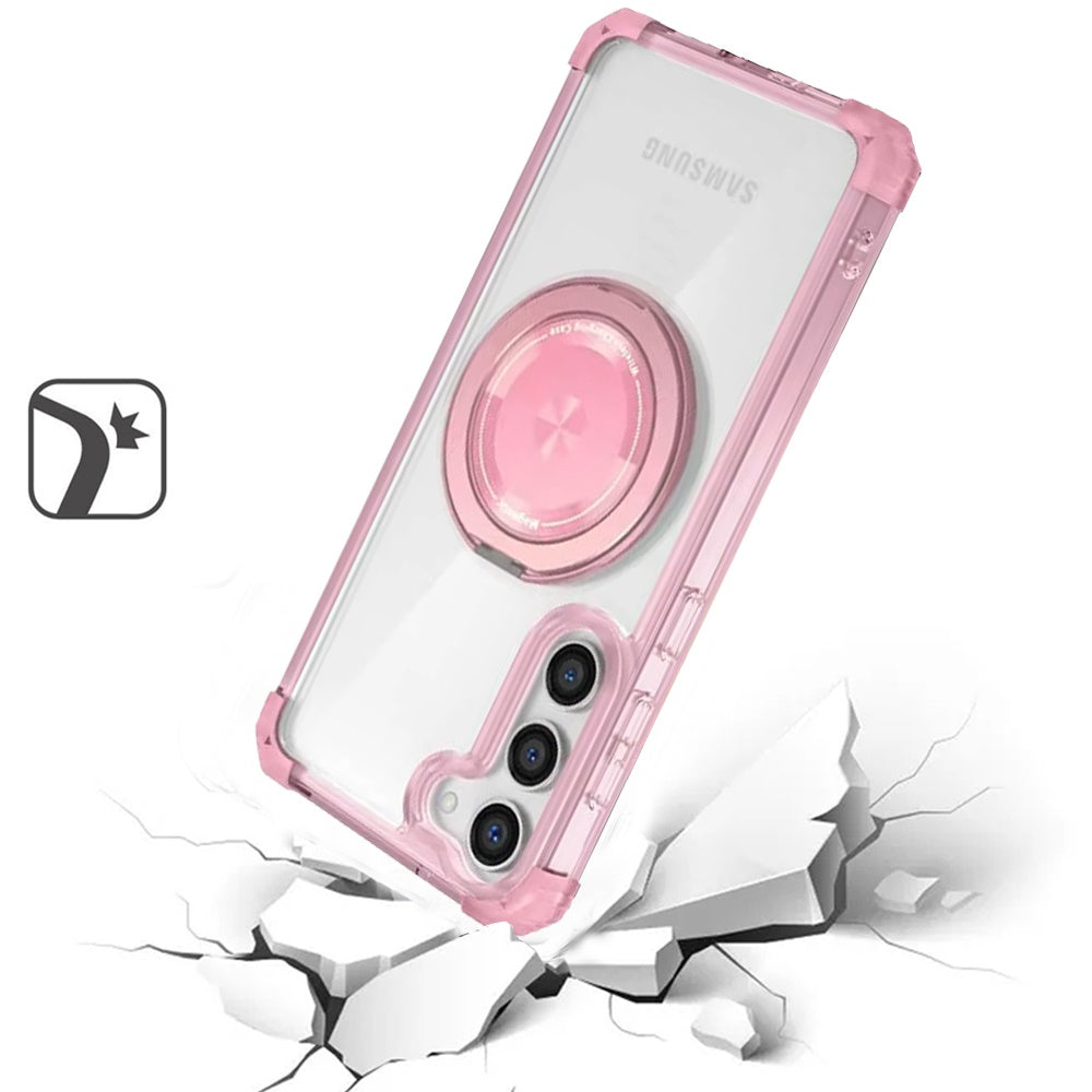 For Samsung Galaxy S22 Magnetic [Compatible with Magsafe] with 360° Rotatable Ring Holder Invisible Stand Transparent Case Cover Pink