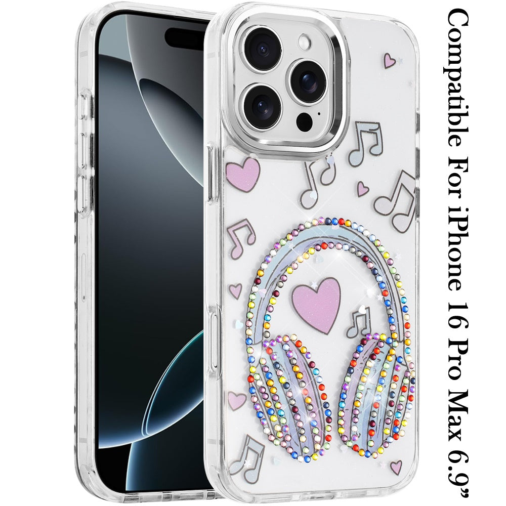 For iPhone 16 Pro Max (6.9") Butterfly Resin Epoxy Diamond Design Metal Edged Hybrid Shockproof Heavy Duty Drop Protection Protector