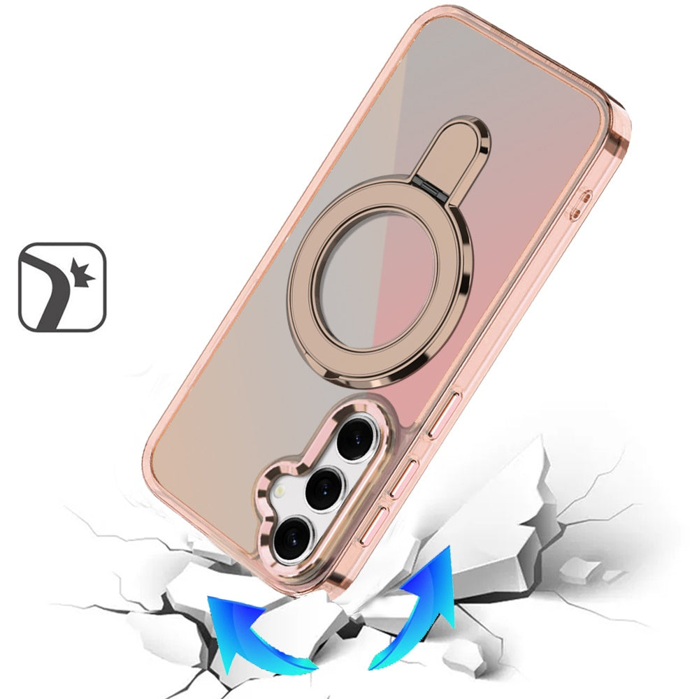 For Samsung Galaxy S26+ / S26 Plus Chrome Hybrid with Rotating Magnetic Circle Ring Stand, Slim Shockproof Hybrid Case Cover