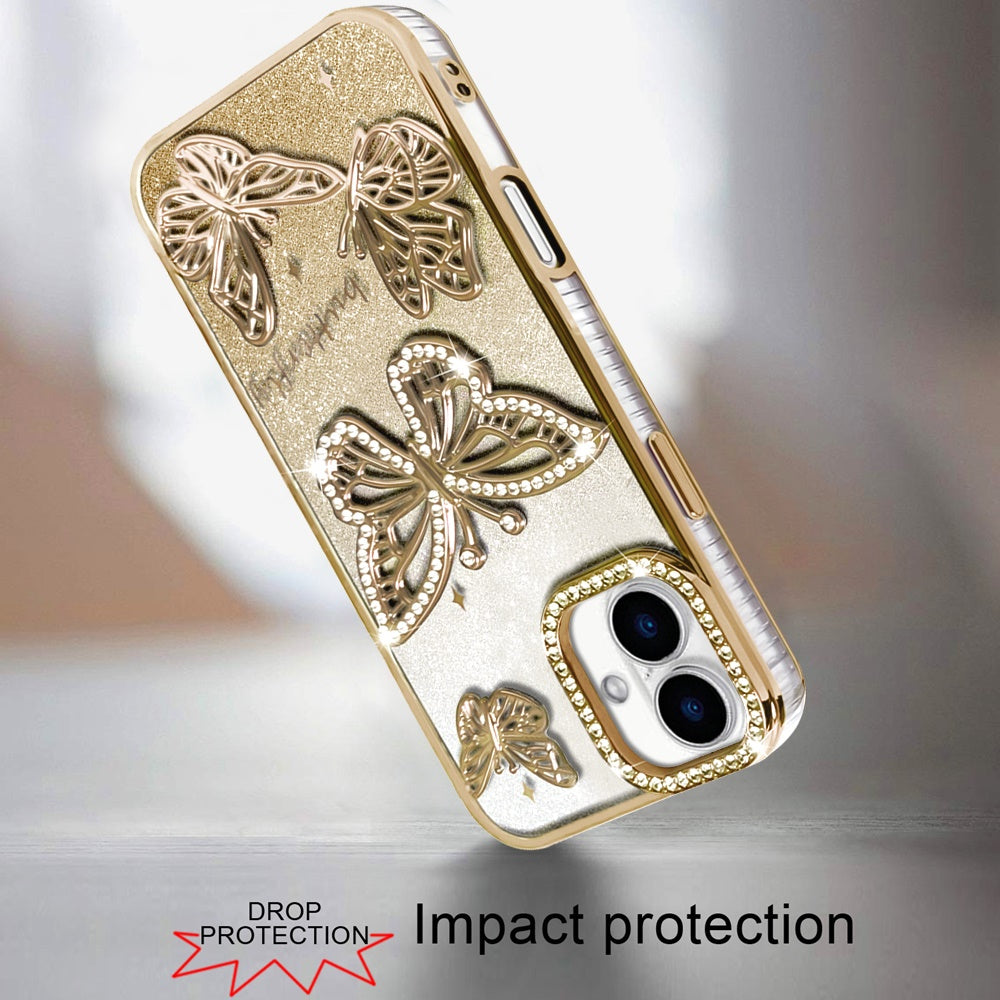 For Apple iPhone 16 Pro Max (6.9") Luxury Butterfly Sparkle Glitter Diamond Crystal Rhinestone Shimmer Bling Plating Thick TPU Hard PC Case Cover