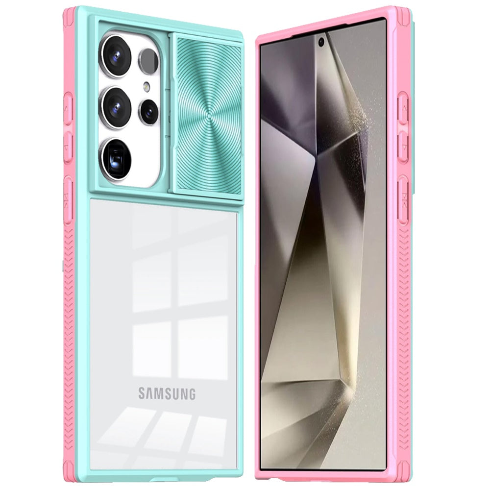 For Samsung Galaxy S25 Ultra Hybrid Cases with Sliding Camera Cover Transparent Shockproof Bumper TPU Protective Case Cover Pink/Blue