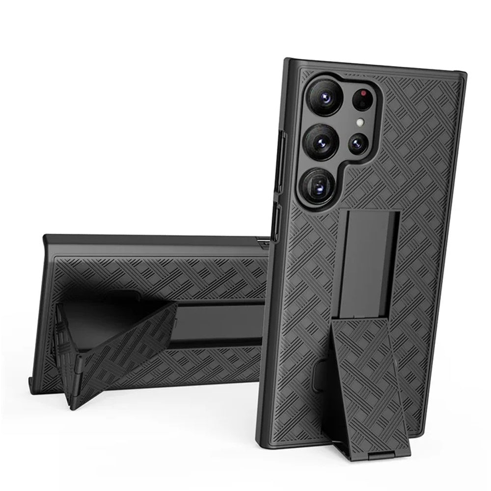 For Samsung Galaxy S25 Ultra Hybrid Slim 3-in-1 Shockproof Armor with Kickstand Holster Combo & Swivel Belt Clip Case Cover Black