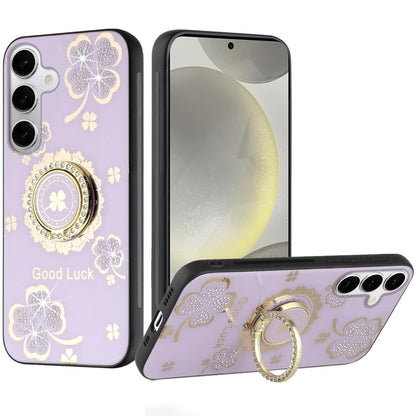For Samsung Galaxy S20 Diamonds 3D Fashion Floral Bling Sparkly Glitter Ornaments Engraving Hybrid with Ring Stand Case Cover Purple Good Luck Floral