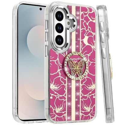 For Samsung Galaxy S26 Diamonds 3D Butterfly Floral Design Bling Sparkly Glitter Hybrid Metal Fashion with Ring Stand Case Cover
