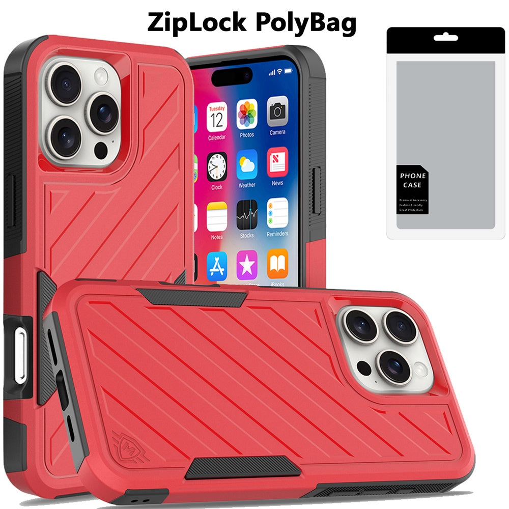 For Apple iPhone 16 Pro Hybrid lined shockproof dual layer Rugged 2in1 Hard PC & Silicone TPU Non Slip Textured Tough Armor Case Cover Red+Black