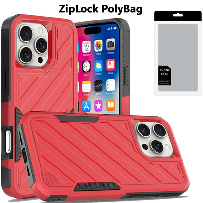 For Apple iPhone 16 Pro Hybrid lined shockproof dual layer Rugged 2in1 Hard PC & Silicone TPU Non Slip Textured Tough Armor Case Cover Red+Black