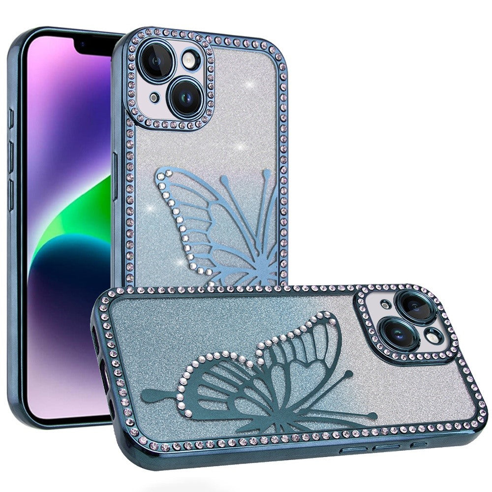 For Apple iPhone 17E /16E Butterfly Glitter Diamond Shimmer Hybrid Slim & Stylish Electroplated Sparkly Bling Shockproof TPU Protective Case Cover