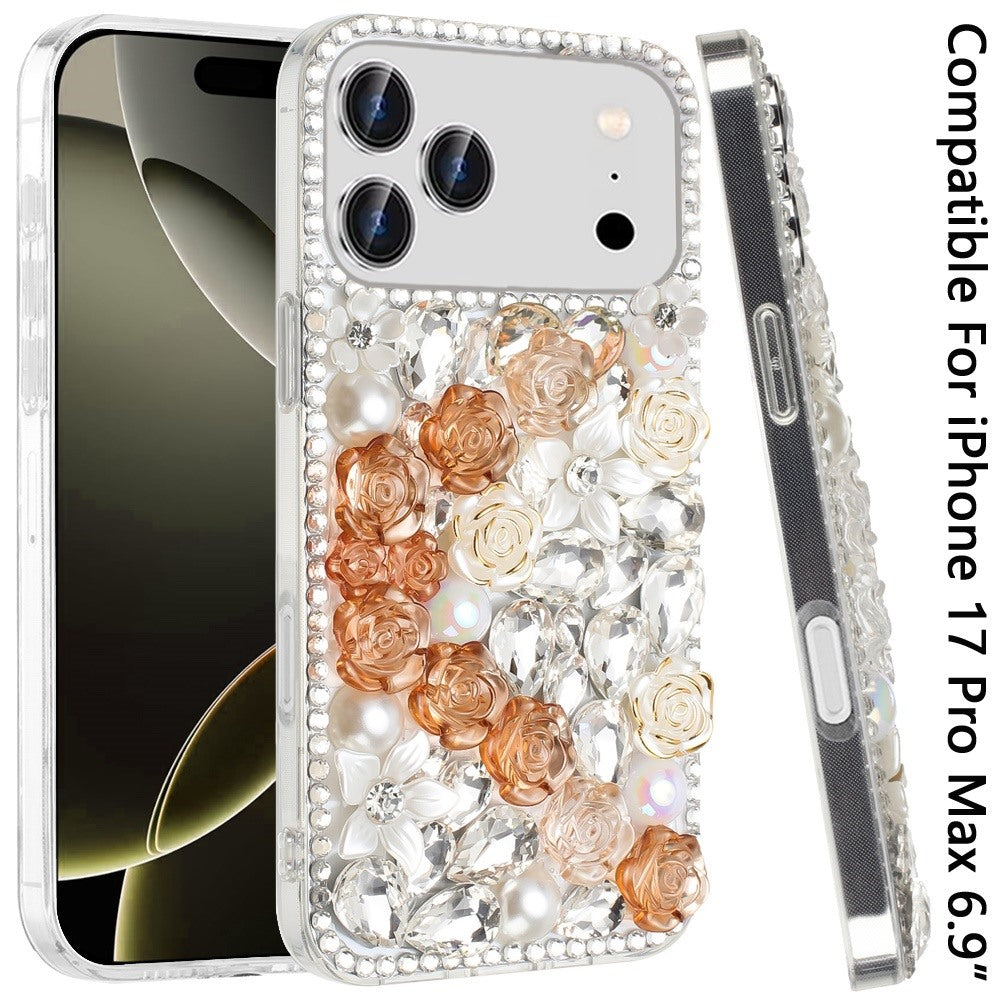Phone Case for Apple iPhone 17 Pro Max (6.9") Rose Flower Full Diamond Bling Rhinestone Glitter Luxury Stylish Sparkle Protective Designer Hybrid Cover Gold