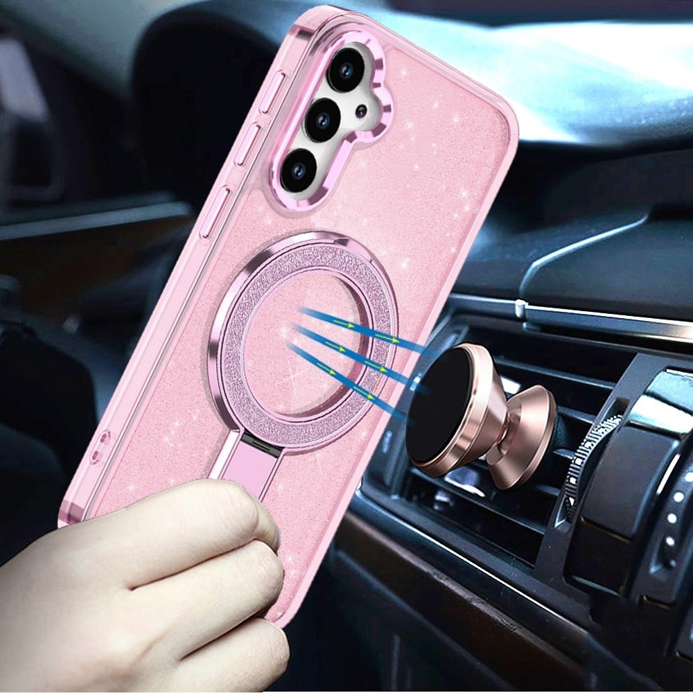 Phone Case for Samsung Galaxy S25 FE, S25 Fan Edition Transparent Glitter Bling Magnetic Ring Stand Shockproof Anti Slip Rotating Grip Protective Hybrid Durable Armor Cover Light Pink