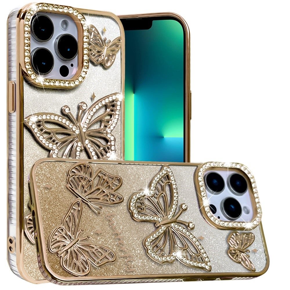 For Apple iPhone 13 Pro Luxury Butterfly Sparkle Glitter Diamond Crystal Rhinestone Shimmer Bling Plating Thick TPU Hard PC Case Cover