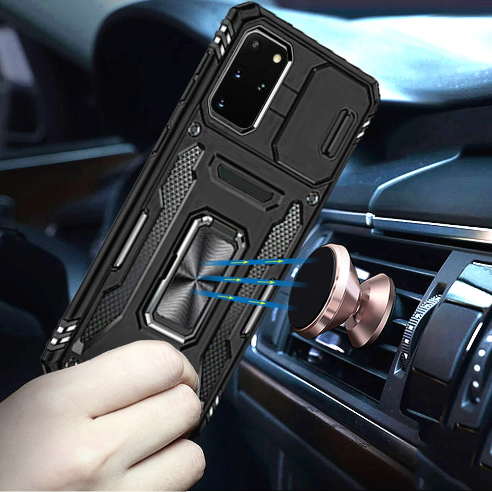 For Samsung Galaxy S20 Ultra Tough Hybrid Case with Movable Camera Window & Metal Ring Stand Shockproof Case Cover Black