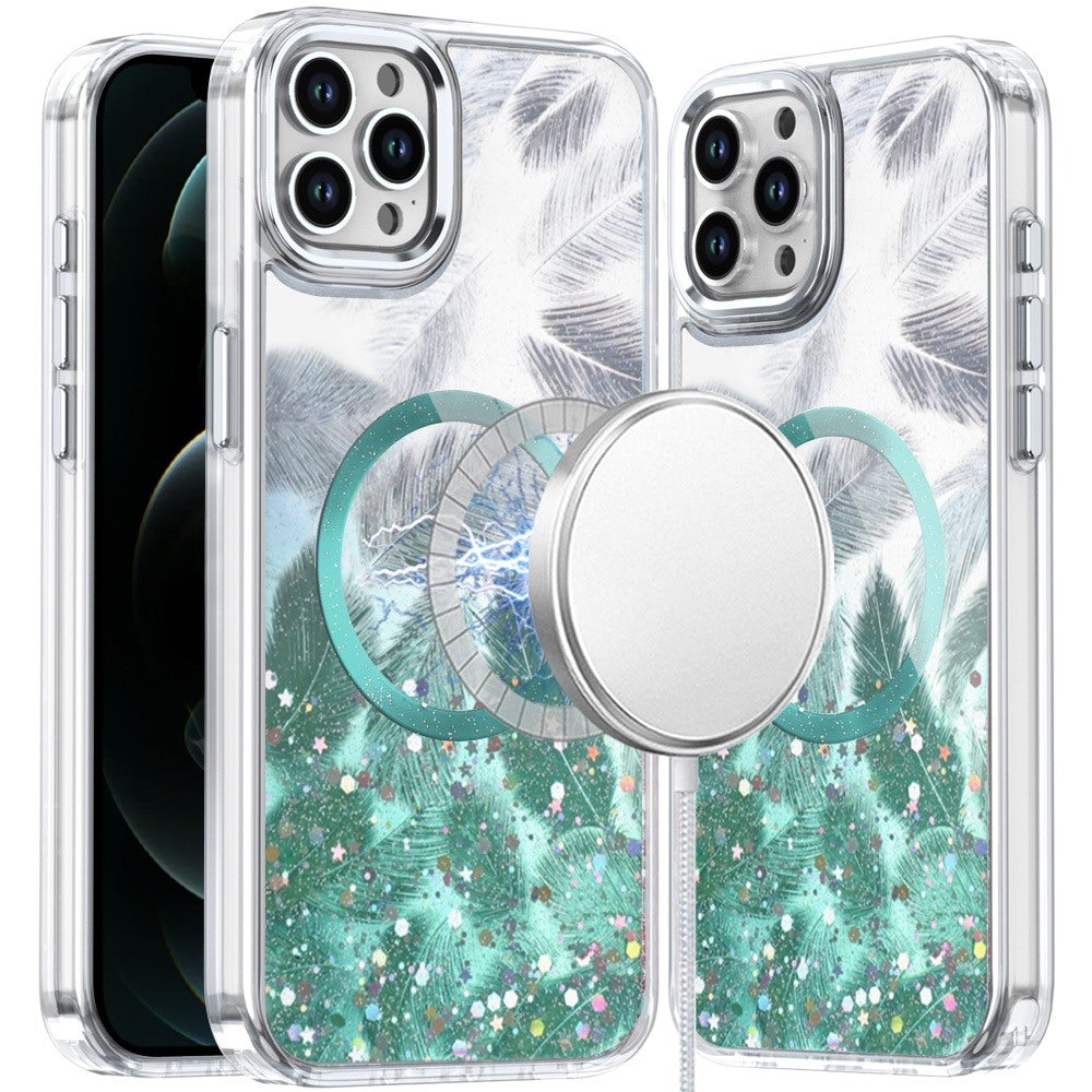 For Apple iPhone 15 Pro Max Epoxy Glitter Shimmer Fashion Case with Magnetic Magsafe Compatible Hybrid Sparkling Slim Protective Case Cover Light Green