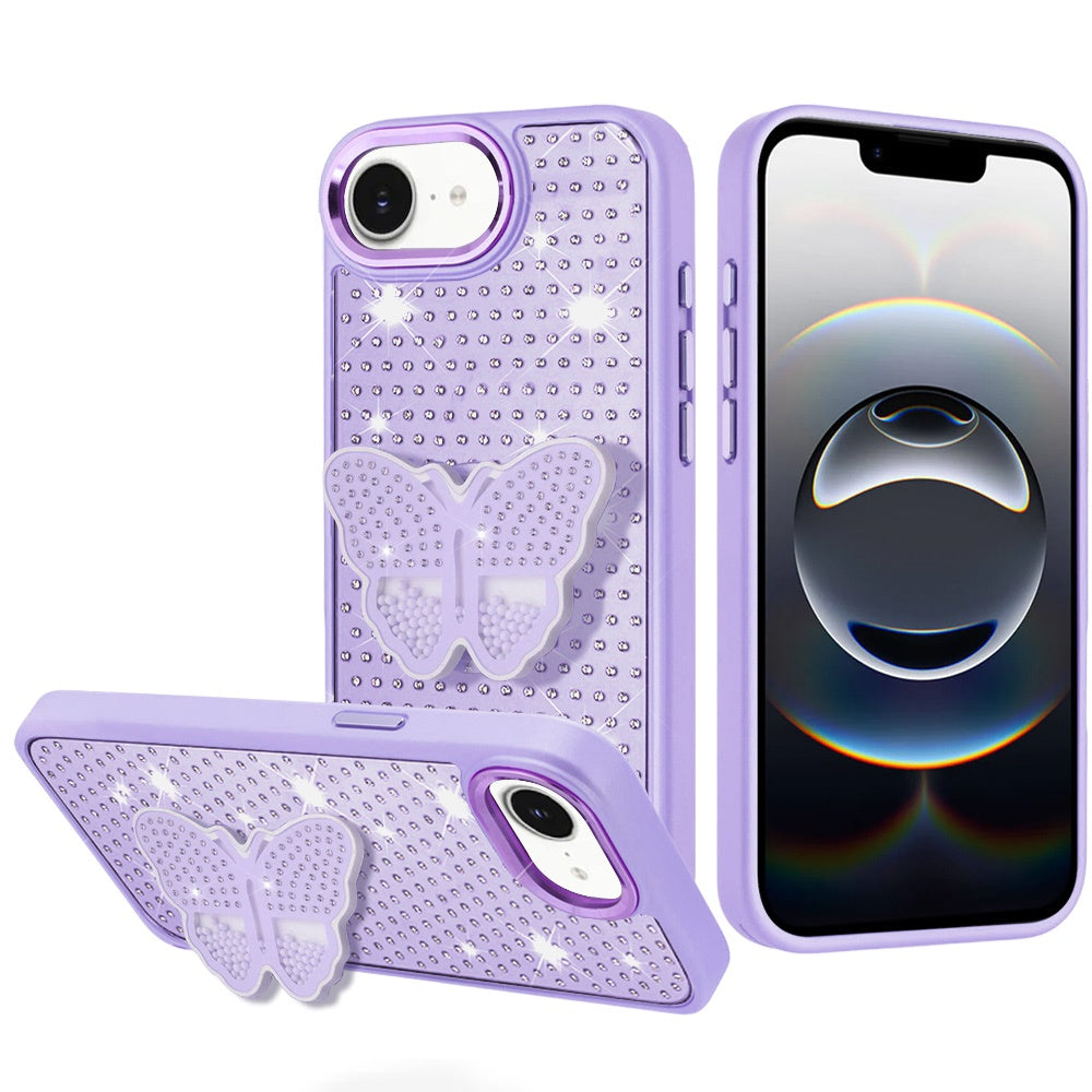 For Apple iPhone 16e Butterfly Moveable Grip 3D Pop Stand Full Diamond Bling Sparkling TPU Fashion Hybrid Case Cover