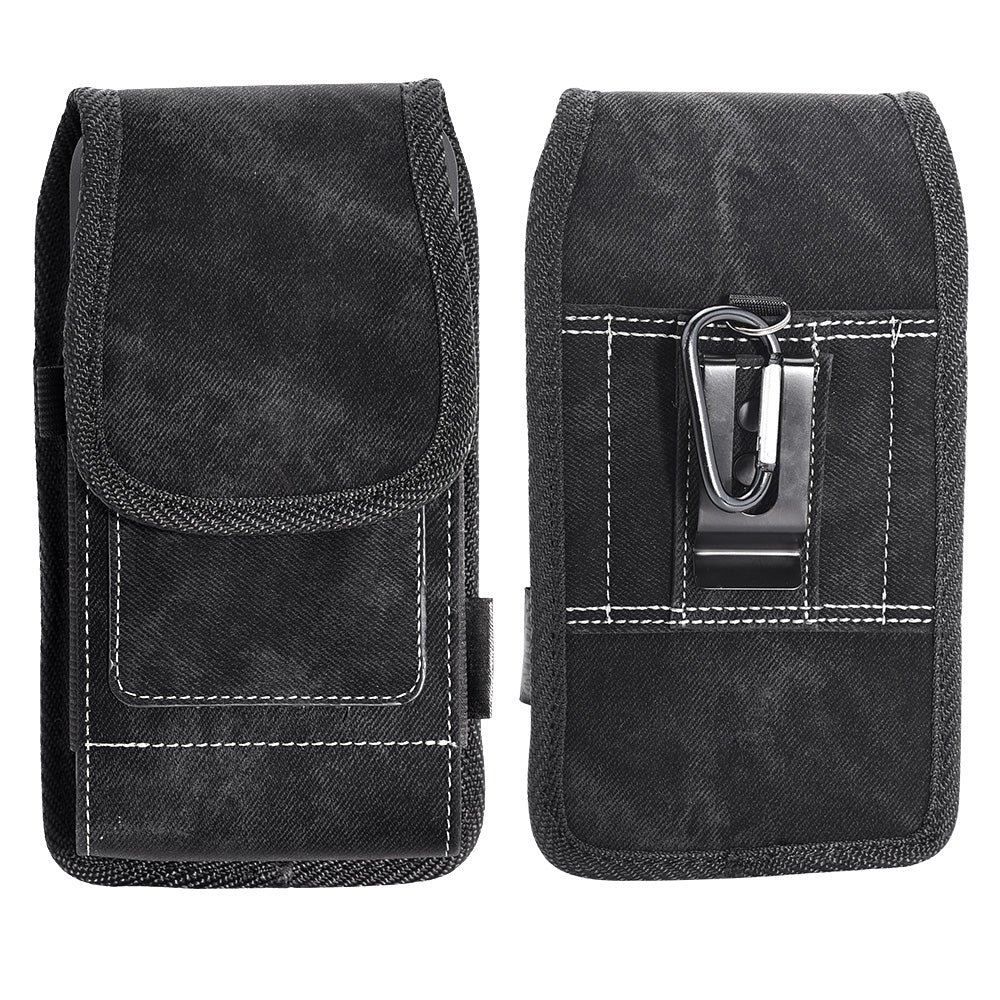 For Apple iPhone 16 (6.1") Universal Vertical Denim Fabric Case Holster with 2 Card Slots, Pen Holder, Belt Clip Loop & Hook Carrying Medium Phone Pouch [Black Denim]