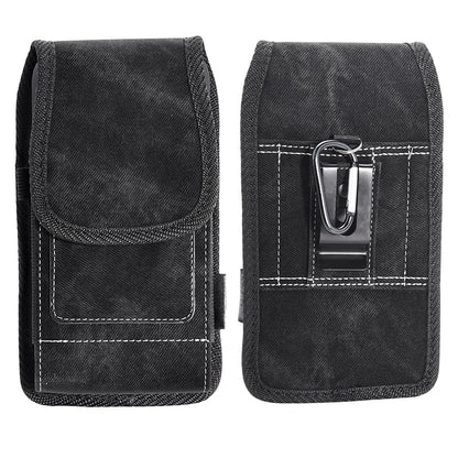 For Apple iPhone 16 Pro (6.3") Universal Vertical Denim Fabric Case Holster with 2 Card Slots, Pen Holder, Belt Clip Loop & Hook Carrying Large Phone Pouch [Black Denim]