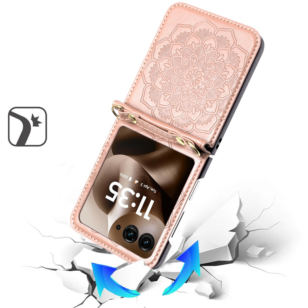 For For Samsung Galaxy Z Flip 7 FE Embossed Floral PU Leather Henna Mandala Design Flip Cover with Strap, Hybrid Protective Case Cover Rose Gold