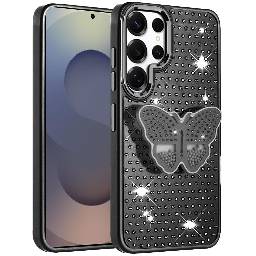 For Samsung Galaxy S25 Ultra Butterfly Moveable Grip 3D Pop Stand Full Diamond Bling Sparkling TPU Fashion Hybrid Case Cover