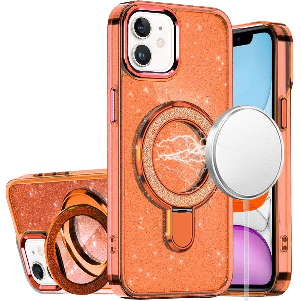 For Apple iPhone 11 Transparent Glitter Bling Case with Rotating Magnetic Ring Stand, Shockproof Hybrid Case Cover Cosmic Orange