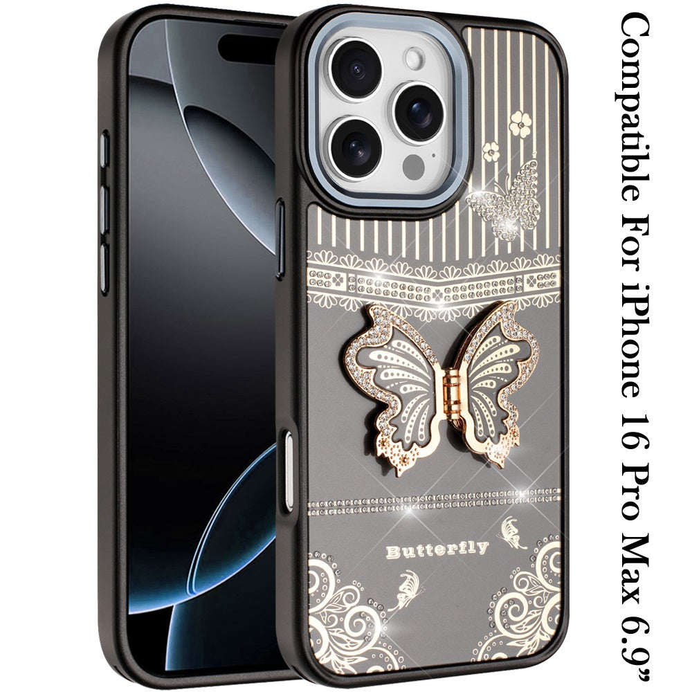 For iPhone 16 Pro Max (6.9") Glitter 3D Butterfly Design Bling Metallic Edge Hybrid Stand Drop Protection TPU Shockproof Protector