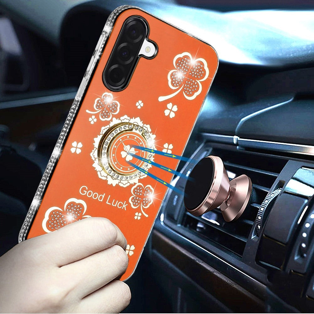 For Samsung Galaxy A17 5G Diamonds Bling All Around Edges Sparkly Glitter Hybrid with Ring Stand Holder Fashion Good Luck Case Cover Cosmic Orange
