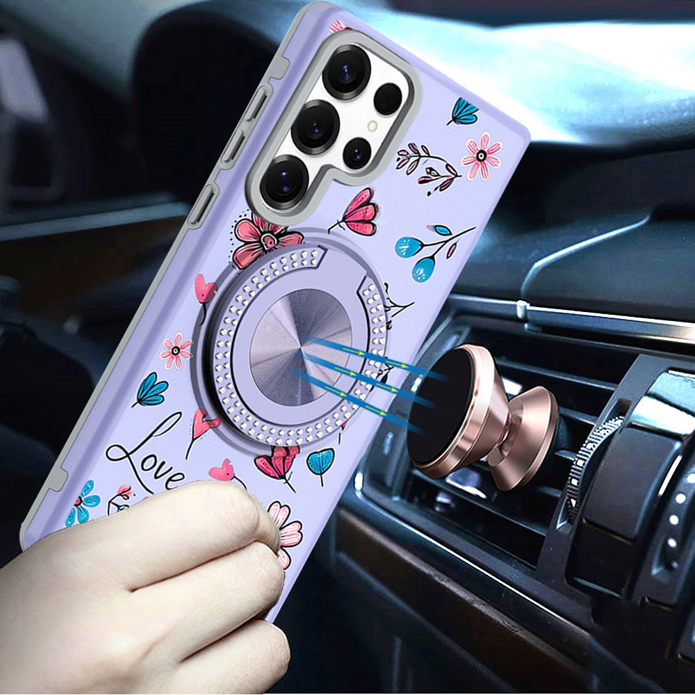 For Samsung Galaxy S25 Ultra Pattern Design Hybrid with Invisible Ring Stand & Magnetic Back, Shockproof Protective Grip Case Cover