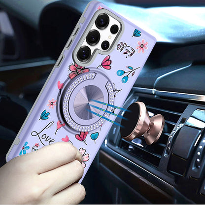 For Samsung Galaxy S25 Ultra Pattern Design Hybrid with Invisible Ring Stand & Magnetic Back, Shockproof Protective Grip Case Cover