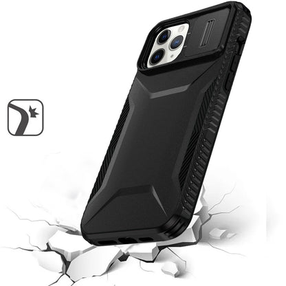 For Apple iPhone 11 Pro Max Slim Fit Shockproof Hybrid with Slide Camera Window Covering, Rugged Tpu Silicone Hard PC Bumper Case Cover Black