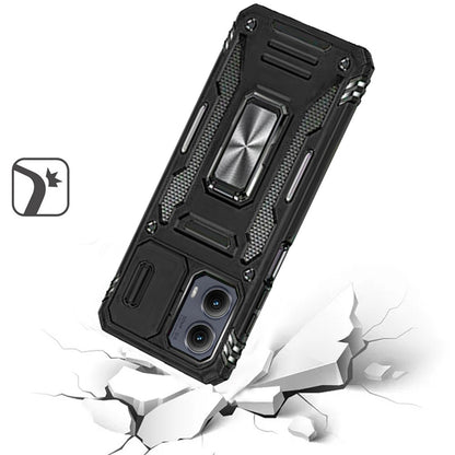 For Motorola Edge 2024 Tough Hybrid Case with Movable Camera Window & Metal Ring Stand Shockproof Case Cover Black