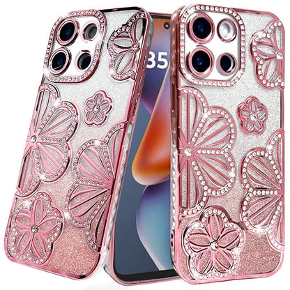 For Motorola Moto G Stylus 5G 2025 Luxury Flower Design Sparkle Glitter Diamond Rhinestone Shimmer Bling Plating Thick TPU Hard PC Case Cover