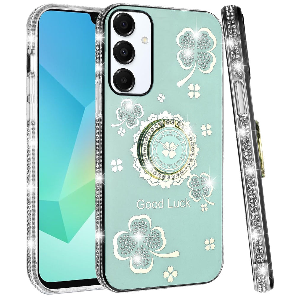For Samsung Galaxy A16 5G Diamonds Bling All Around Edges Sparkly Glitter Hybrid with Ring Stand Holder Fashion Good Luck Case Cover