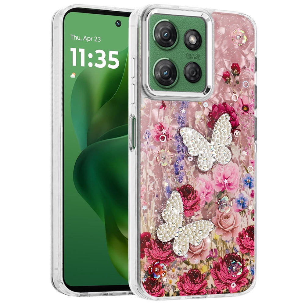 For Motorola Moto G Stylus 5G 2025 Epoxy Glitter Flowers Bling 3D Butterfly Fashion TPU Hybrid with Shockproof Protection Case Cover