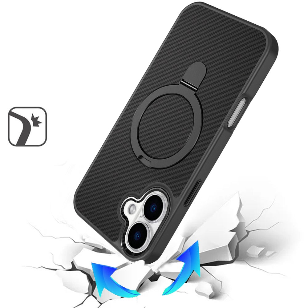 For Apple iPhone 17 (6.3") Hybrid Carbon Fiber Design with MagSafe Compatible [Magnetic Circle], Ring Stand Shockproof Slim TPU Case Cover