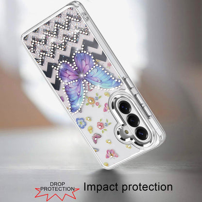 For Samsung Galaxy S25 FE /S25 Fan Edition Butterfly Resin Epoxy Diamond Design Metal Edged Hybrid Shockproof Heavy Duty Drop Protection Case Cover
