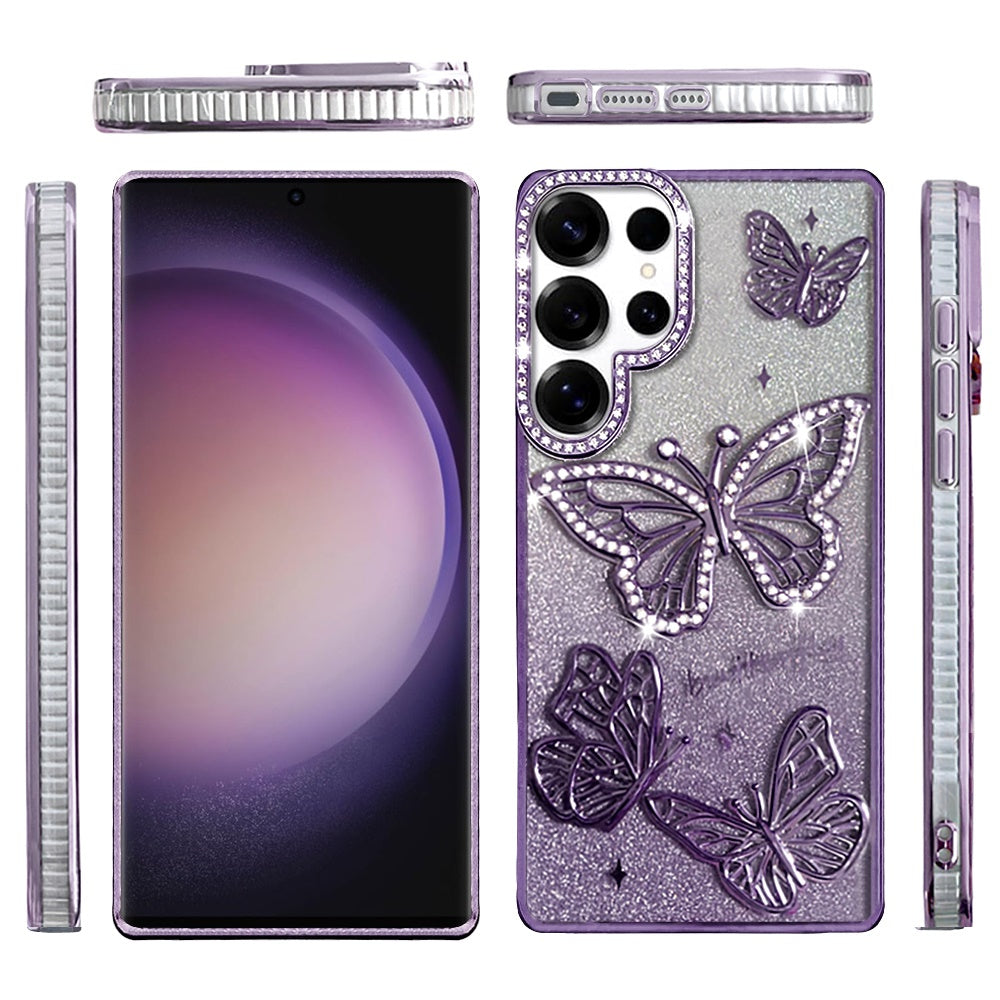For Samsung Galaxy S24 Ultra Luxury Butterfly Sparkle Glitter Diamond Crystal Rhinestone Shimmer Bling Plating Thick TPU Hard PC Case Cover