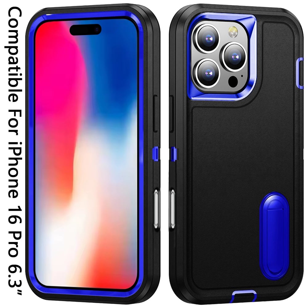 For Apple iPhone 16 Pro Hybrid 3 Layers Hard 3in1 Shockproof with Kickstand Heavy Duty Hard TPU Rubber Anti-Drop Case Cover Black +Dark Blue