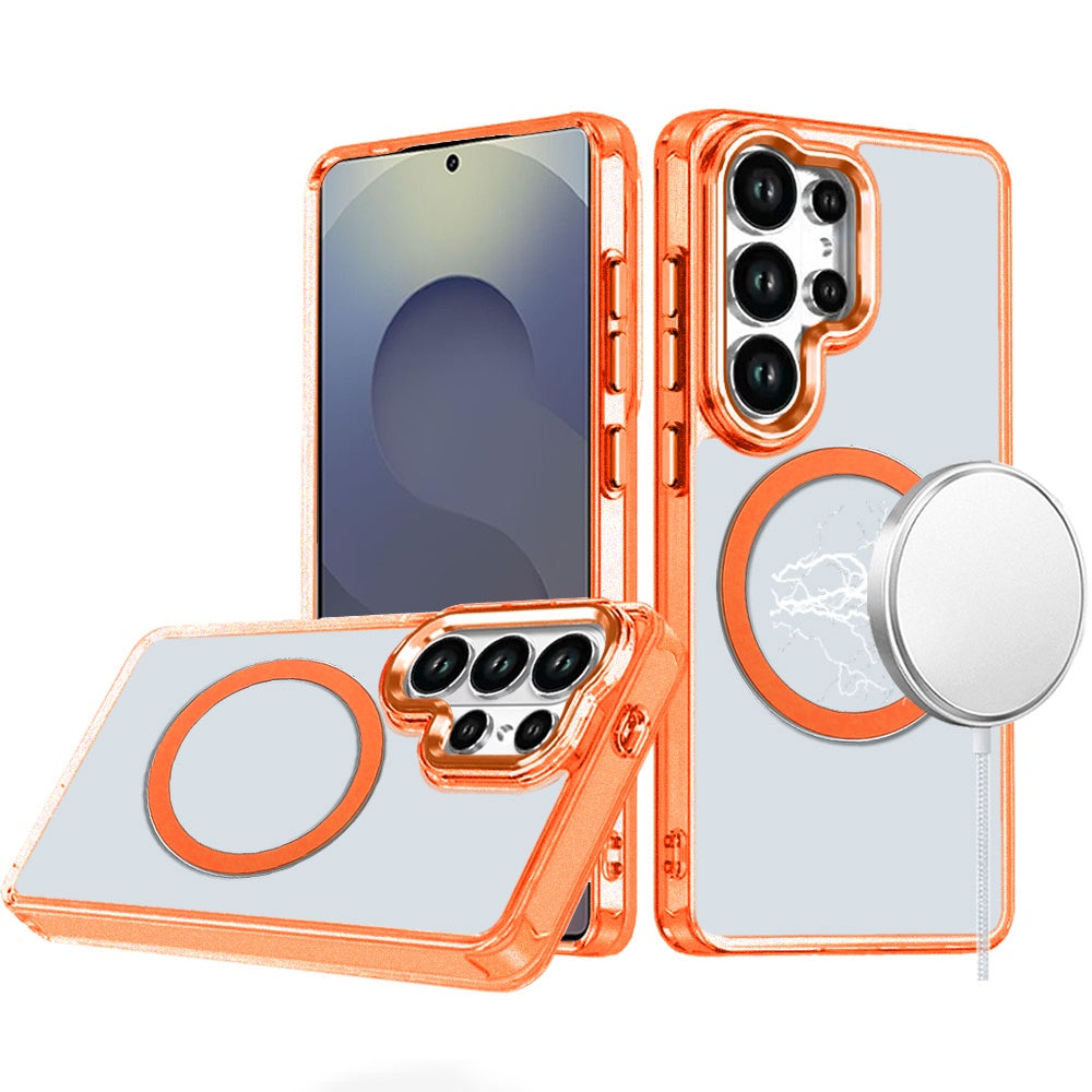 For Samsung Galaxy S25 Ultra Transparent Back Hybrid Case - Magnetic Circle, Color Frame, Metal Buttons, MagSafe Compatible Case Cover