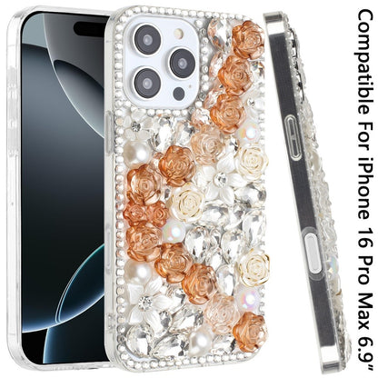 For iPhone 16 Pro Max (6.9") Fashion Rose Flower Floral, 3D Bling Crystal Full Diamonds Pearl Sparkle Rhinestone Glitter Hybrid Case Cover Gold