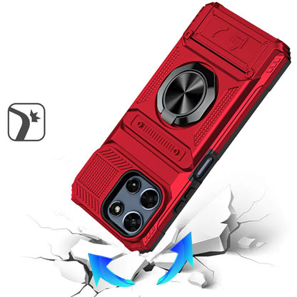 For Motorola Moto G 5G 2026/2025 2X Card Slot Metal Ring Stand Hybrid Shockproof Heavy Duty Drop Protection Multi Functional Design Case Cover Red